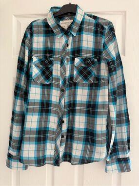 Aeropostale Teal Black Gray White Plaid Button-Down Shirt
